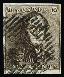 1849 10c brown with variety "double figures", position
