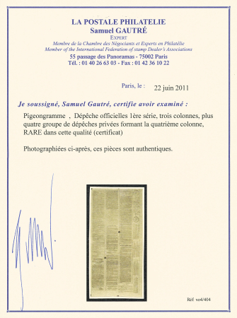 22 Octobre 1870 - Pigeongramme montrant Dépêches