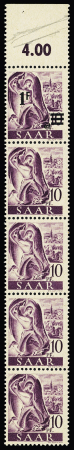 1947 SAAR I issue: The exceptional group of 60 stamps showing the proofs of the overprints 