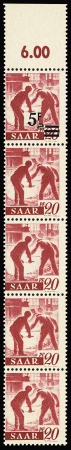 1947 SAAR I issue: The exceptional group of 60 stamps showing the proofs of the overprints 