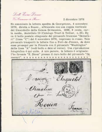 FRENCH PACKET : 1876 Envelope from Georgetown to Rouan