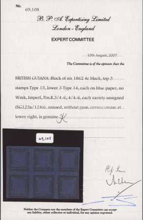 4c Black on blue, unused block of six showing top three