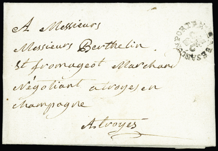 Marque ornée d'une fleur de lys sans cercle "Port Payé à Besançon" (1783) sur lettre pour Troyes (L n°16, ind 30). Les 2 fleurons de Port payé sont rarissimes. RRR et TB