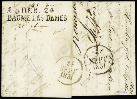 MP noire "Deb 24 Baume-les-Dames" (48 x 10mm - 1831 - ind 19) sur lettre d'Allemagne pour Beaune. TB