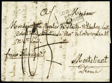 MP "Deb 24 Montbéliard" (1824 - 48 x 9mm - ind 20) sur lettre de Mayenfeld (Suisse) pour Montélimart. TB