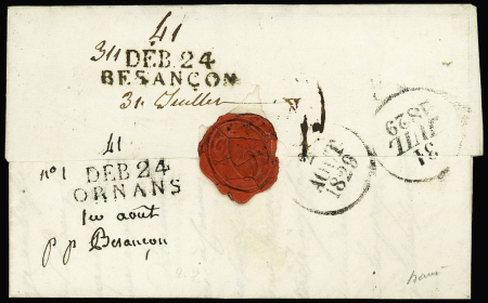 Lettre avec MP "Bourg - Ain" (1829) pour Besançon avec jolies MP "Deb 24 Besançon" et "Deb 24 Ornans" (ind 15 et ind 22). TB