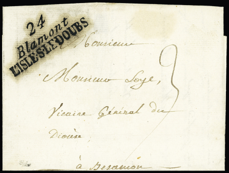 Lettre de Blamont pour Besançon avec cursive double "24 Blamont l'Isle-s-le-Doubs" (l'une des 2 seules cursives doubles existant dans le Doubs) (1806 - frappe très bien encrée). Ind 22. TB
