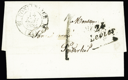 Lettre avec cursive "24 Levier" + T12 "Pontarlier" (1835) + taxe 1 tampon façon manuscrite, ind 10. TB