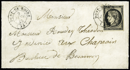 N°3, 20c noir OBL CAD T15 "Pont de Roide (24)" (2 janv 49) répété à côté sur lettre pour Besançon. Seule pièce connue pour ce bureau de Direction de 4e classe. RRR et TB