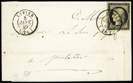 N°3 OBL CAD + T15 "Levier (24)" (5 janv 49) répété à côté sur lettre pour Pontarlier. Rare pour un bureau de Direction de 4e classe. RR et TB