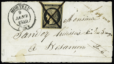 N°3, lég touché en bas à droite OBL croix à la plume, à côté CAD T14 "Morteau (24)" (9 janv 1849) sur devant de lettre pour Besançon. RR et TB