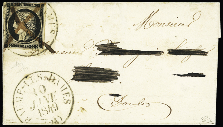 N°3, touché en haut, OBL croix à la plume + grand CAD T13 "Baume les Dames" (24 janv 49) répété à côté sur lettre avec au verso CAD d'arrivée Vercel (11 janv 49). Adresse rayée, signé Calves. RR et TB