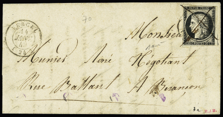 N°3 OBL croix à la plume + CAD T15 "Vercel (24)" (14 janv 49) répété à côté sur lettre pour Besançon. RR et TB