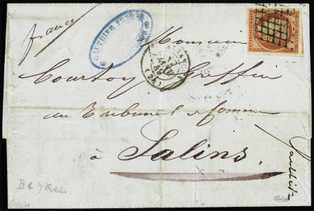 N°7A, 1F Vermillon vif, 4 marges et voisin, OBL grille