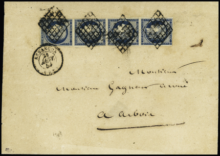 N°4, 25c bleu, bande de 4 verticale OBL grille + T15 Besançon (24)" (21 janv 51) sur lettre pour Arbois. TB