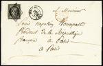 N°3 OBL grille + T15 "Maiche (24)" (16 juil 49) sur lettre de Besançon pour "Louis Napoléon Bonaparte Président de la République française à Paris" avec CAD rouge "Paris franchises" (18 juillet) au recto. Au dos, 