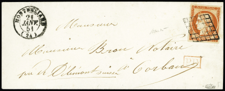 N°5, 40c orange, OBL grille + T15 "Montbéliard (24)" (1851) sur lettre pour Délémont (Suisse) avec "PD" encadré rouge (tarif du 1.7.1850), signé Calves. TB
