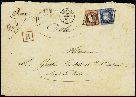 N°4 + 6 OBL grille + T15 Besançon (30 juil 51) sur lettre recommandée de 27,5g au tarif du 1er juillet 1851 selon le 3ème échelon de poids. RR et TB