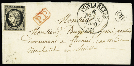 N°3 OBL grille + CAD T13 "Pontarlier (24)" (6.2.1850) sur lettre de Pontarlier pour Neufchâtel (Suisse) + "OR" de Sombacour + "PP" rouge encadré. RRR et TB (une des 2 pièces connues), certificat Calves. TB