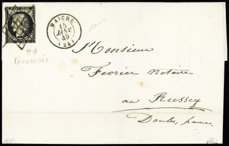 N°3 OBL grille + T15 Maiche (15 janv 49) + cursive "24 Goumois" (une des premières utilisations de la grille dans le département du Doubs, surtout pour un bureau de direction de 4ème classe), signé Calves et certifi