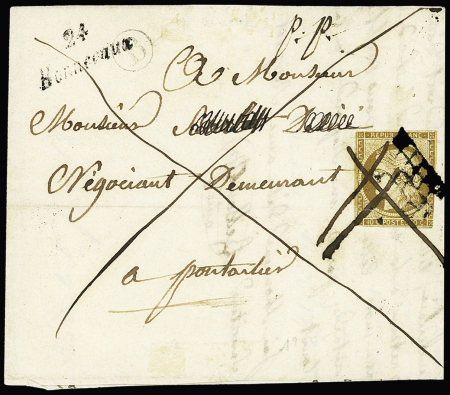 N°1 10c bistre-jaune OBL grille mal frappée et complétée par une OBL à la plume sur lettre avec cursive "24 Bonnevaux"  avec au verso CAD T15 d'arrivée Bonnevaux (3 juin 51). TB