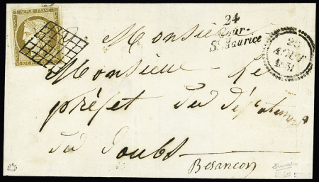 N°1 OBL grille + cursive "24 Cour St Maurice" et dateur "B" (3 aout 1851) sur lettre. TB