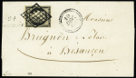 N°3 OBL grille + cursive "24 Goumois" + dateur "B" "10 dec 1849" sur lettre, signé JF Brun. Rare et TB