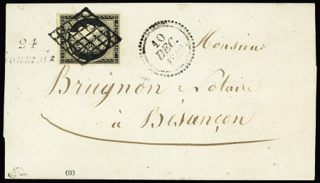 N°3 OBL grille + cursive "24 Goumois" + dateur "B" "10 dec 1849" sur lettre, signé JF Brun. Rare et TB