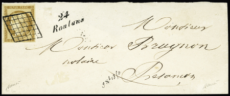 N°1 OBL grille + cursive "24 Roulans" sur lettre avec mention manuscrite "9 - x - 1850" rajoutée pour remplacer le timbre à date. TB