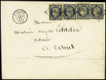 N°4, 25c bleu, 4 pièces, OBL PC 378 + T15 "Besancon (24)" (1853) sur lettre de 15g à 100g circulant de bureau à bureau selon tarif du 1er juillet 1850. TB