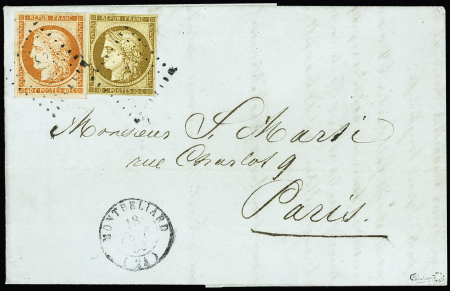 N°1 + 5 OBL PC 2069 + T15 Montbéliard (1852) sur lettre