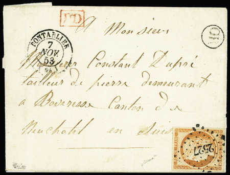 N°5, 40c orange, OBL PC 2527 + T15 Pontarlier (7 nov 53) + "OR" non identifié sur lettre pour Neufchâtel (Suisse) avec petit "PD" encadré rouge. Jolie pièce