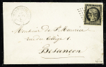 N°3, 20c noir OBL à l'arrivée, PC 378 (Besançon) sur lettre postée à Saint Oyen Montbellet Saône et Loire (le timbre n'avait pas été oblitéré au départ). Très rare cas d'oblitération PC sur 20c noir. Pièce