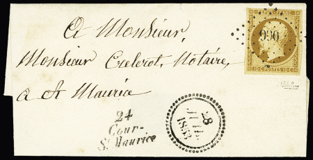 N°9, 10c bistre OBL PC 990 + cursive "24 Cour St Maurice" + dateur "B" (28 juil 53) sur lettre locale, certificat RHP. TB