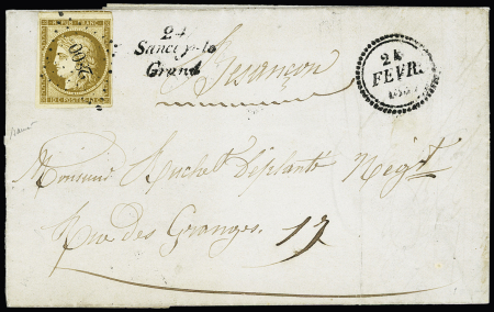 N°1 OBL PC 2800 + cursive "24 Sancey le Grand" + dateur B (24 fev 1853) sur lettre pour Besançon. TB