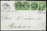 N°42, 5c vert Bordeaux, bande de 4 avec belles marges OBL GC 456 + T17 Besançon (5 mai 1871) sur lettre pour Bordeaux. Signé Calves. TB