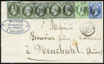 N°11, 5 pièces + 20 + 22 OBL GC 456 + T15 (1866) sur lettre de moins de 10 grammes pour la Suisse. Affranchissement spectaculaire et TB