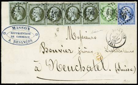 N°11, 5 pièces + 20 + 22 OBL GC 456 + T15 (1866) sur lettre de moins de 10 grammes pour la Suisse. Affranchissement spectaculaire et TB