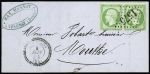 N°20 en paire OBL GC 1575 + CAD perlé T22 "Chaudron (24)" (1864) sur lettre locale pour Mouthe (transfert pendant 3 mois du bureau 1575 des Fraites au hameau de Chaudron). 2 pièces connues. TB