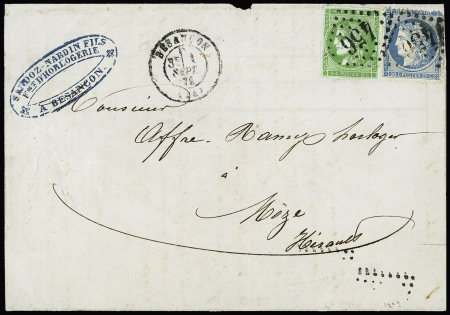 N°37 + 42 OBL GC 456 + T17 Besançon (1 sept 71 - 1er jour  de tarif) sur lettre. TB