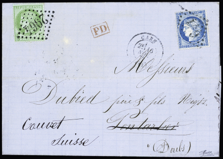 N°60 OBL GC 691 + T17 (16 nov 72) sur lettre pour Pontarlier réexpédiée à Couvet (Suisse) après adjonction d'un n°53, 5C vert OBL GC 2964 de Pontarlier. TB