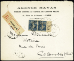 N°140, paire sur papier GC avec bandelette attenante OBL Paris 1 (12.2.20) sur lettre recommandée pour Colombes. TB
