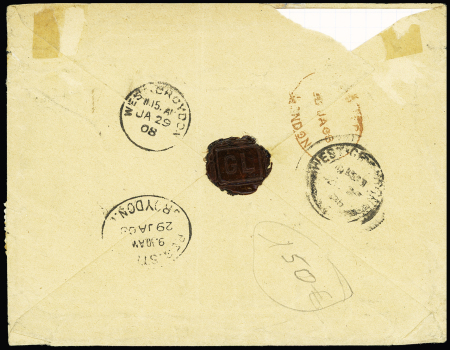 N°140, bloc de 4 interpanneau millésime 7 + n°138 OBL Rouen (1908) sur lettre recommandée pour Croydon (GB) du 5ème échelon avec étiquette de recommandation de London FS. TB