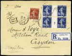 N°140, bloc de 4 interpanneau millésime 7 + n°138 OBL Rouen (1908) sur lettre recommandée pour Croydon (GB) du 5ème échelon avec étiquette de recommandation de London FS. TB