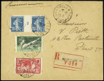 N°140, paire interpanneau millésime 3 + n°183 + n°184 OBL CAD "Poste aux armées 77" (1924 - Mayence) sur lettre recommandée. TB