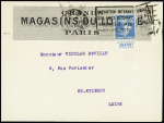 N°140 avec bandelette du carnet du Louvre OBL "Paris départ" (4.3.25) sur lettre à en-tête des Grands Magasins du Louvre. RRR et TB