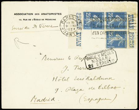 N°140, équerre de 3 pièces avec bandelette "Evian source Cachat OBL Paris 25 (dec 1924) sur lettre pour Madrid. TB