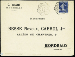 N°140 OBL CAD hexagonal à cercle interieur de levée exceptionnelle "Marseille Bouches du Rhone" (1908) sur lettre pour Bordeaux. TB