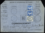 N°107A + n°140 en paire OBL St Palais Morbihan (1925) sur commandement recommandé des impôts n°P622 (tarif du 16.7.1925). RR et TB