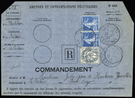 N°107A + n°140 en paire OBL St Palais Morbihan (1925) sur commandement recommandé des impôts n°P622 (tarif du 16.7.1925). RR et TB